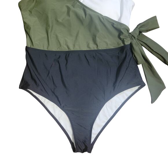 NWT Cupshe Olive Swimsuit Colorblock Tri Color Faux Wrap One Piece Large Vneck - Picture 3 of 10